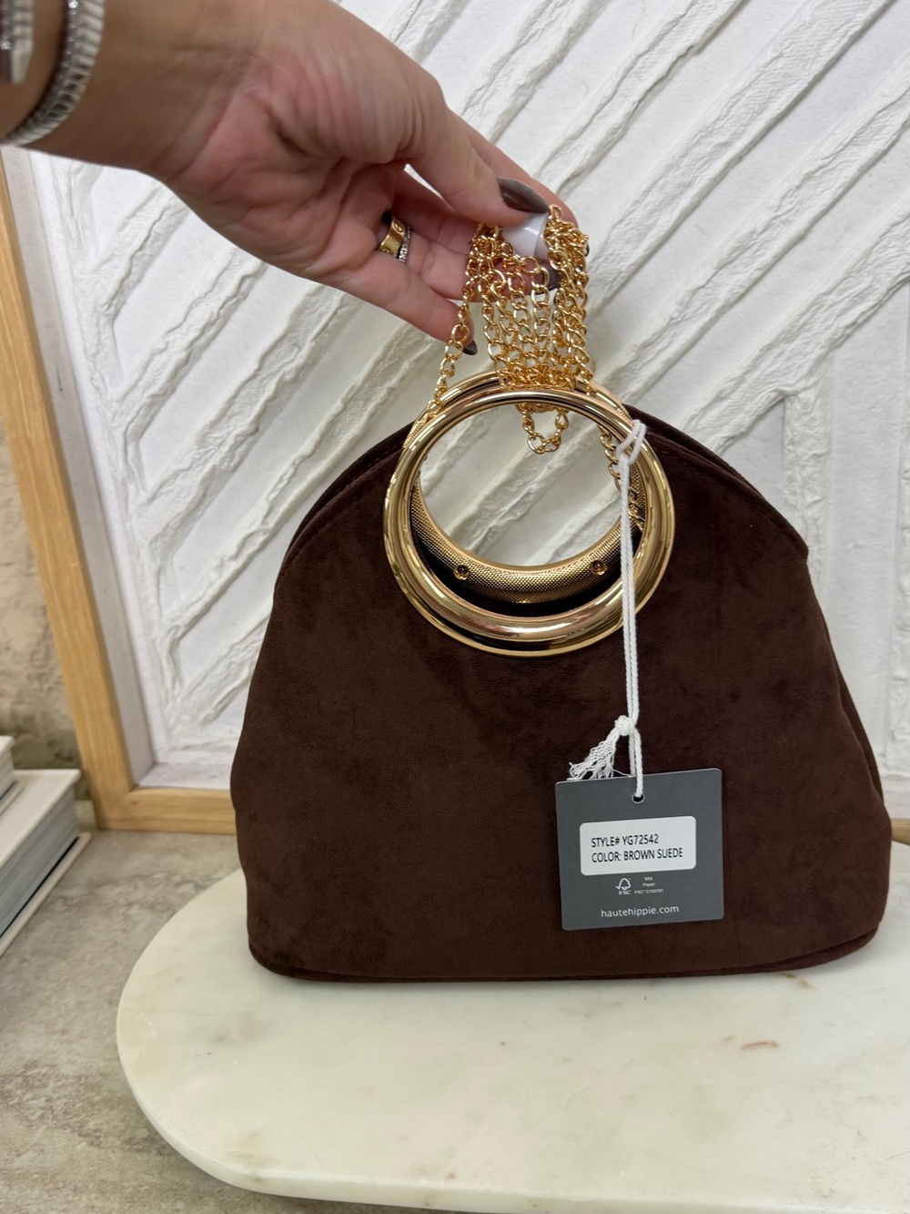 Haute Hippie Chocolate Brown Suede Clutch with Gold Ring Handle - Picture 14 of 16